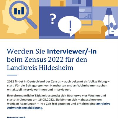 Plakat des Landkreises Hildesheim zur Werbung von Interviewer*innen f&uuml;r den Zensus 2022